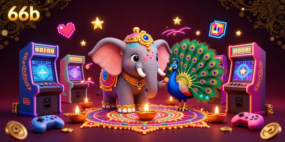 Join the action at 66b as vibrant casino elements surround the dazzling Diwali-themed elephant offering exciting gameplay.
