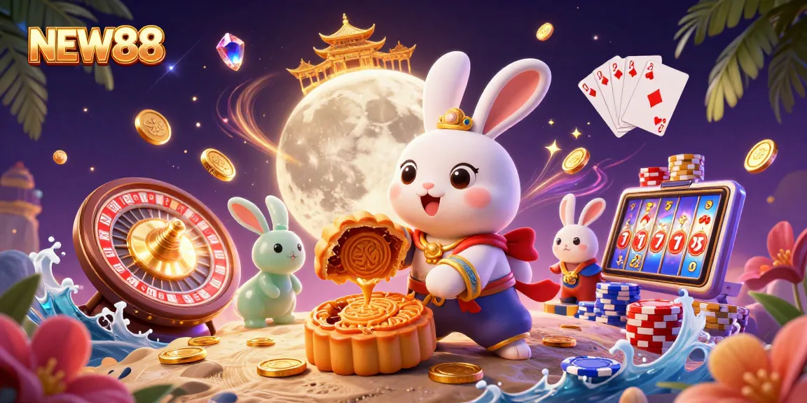 NEW88 showcases a vibrant scene with a moon rabbit enjoying casino gaming on the lunar surface, depicting engaging gambling elements.