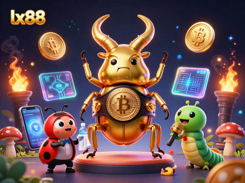 lx88 features a golden stag beetle in a boxing match surrounded by crypto elements for gambling excitement.