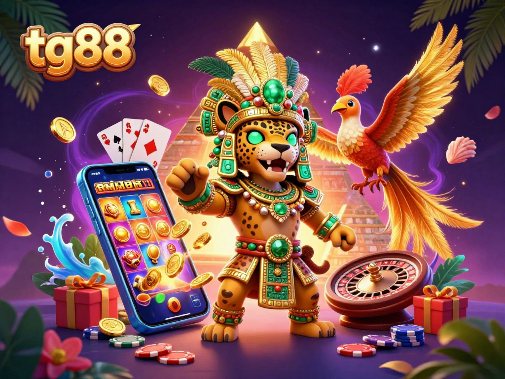 Tg88 players enjoy slots with vibrant jackpot elements in a rich 3D illustration filled with excitement.