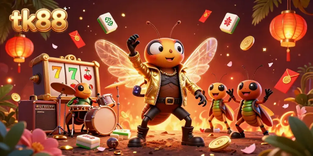 Engage with tk88's exciting casino adventure featuring vibrant characters amidst lively slot game elements.
