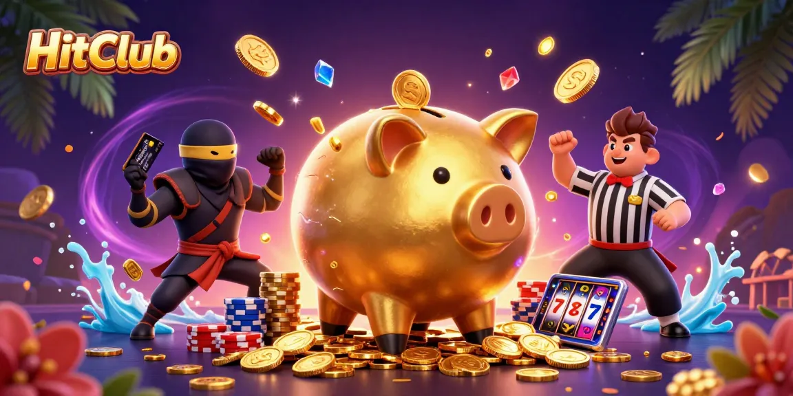 HitClub features a lively 3D illustration with a sumo wrestler piggy bank surrounded by casino elements.