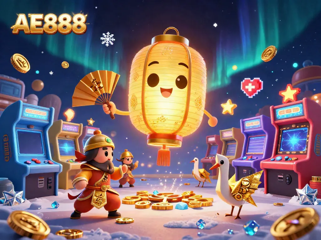 Engage with the vibrant AE888 casino world, featuring illuminated characters and gaming elements.