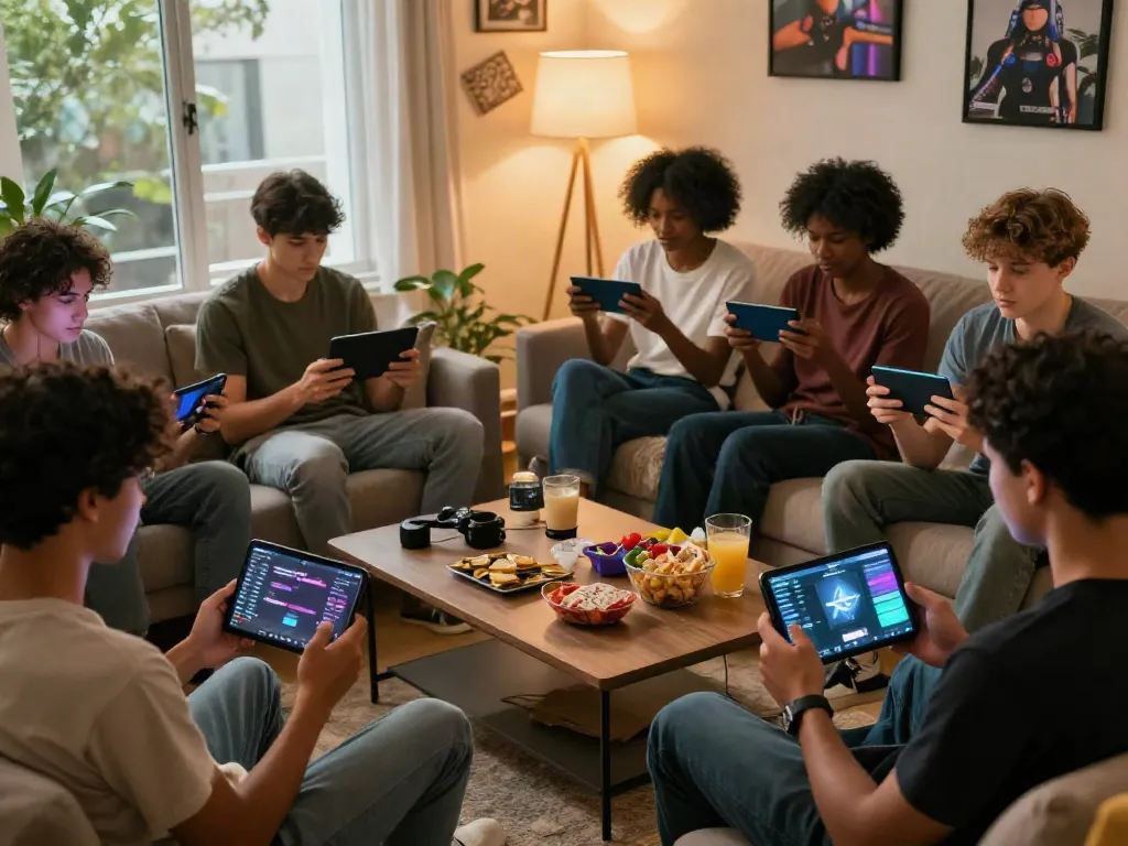 Group of young players enjoying ORION88 mobile gaming in a cozy living room