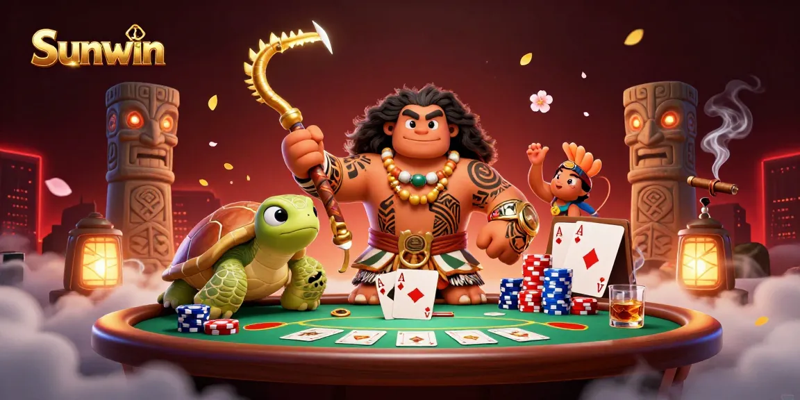 Sunwin players engage in thrilling poker action surrounded by vibrant casino elements.