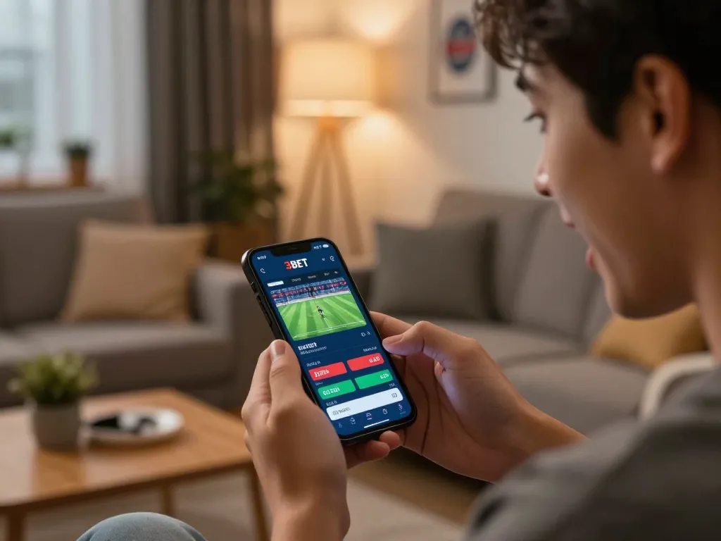 Engaged user placing bets through the 3BET app in a cozy sports-themed living room