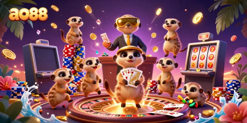Engage in thrilling gameplay with ao88's cartoon meerkat casino, showcasing vibrant action.