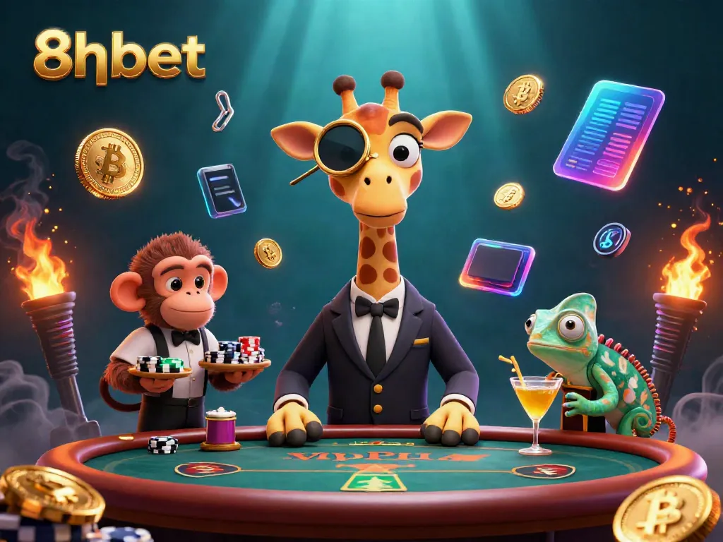 Engage with 8xbet as a high-roller giraffe plays poker in a vibrant casino scene.