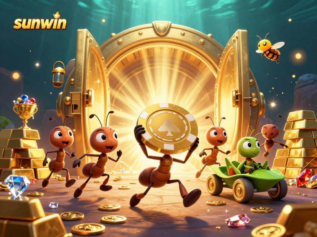 Sunwin reveals mischievous ants heisting a golden poker chip, embodying fun in online gambling.