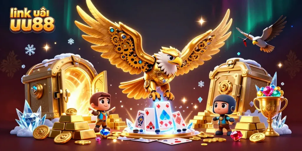 Engage in thrilling play at link vào uu88 with a vibrant 3D illustration of a cybernetic eagle amidst casino riches.