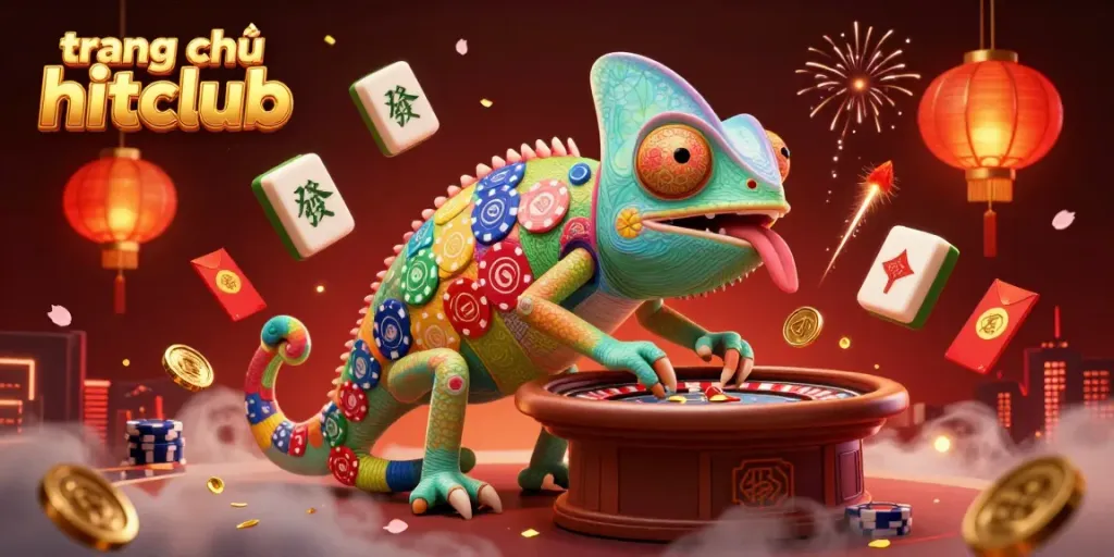 Engage with the vibrant atmosphere of trang chủ hitclub featuring a dynamic chameleon casino owner amid colorful gaming elements.