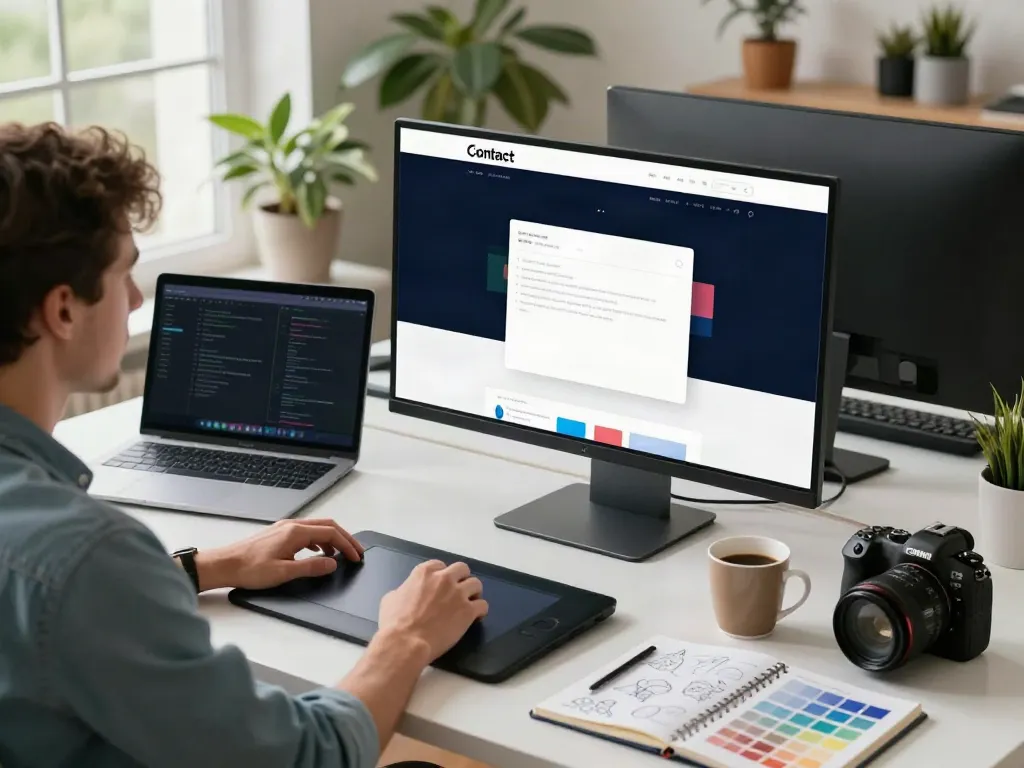 This contact form design workspace showcases a developer creating an interface, emphasizing modern technology and creativity.
