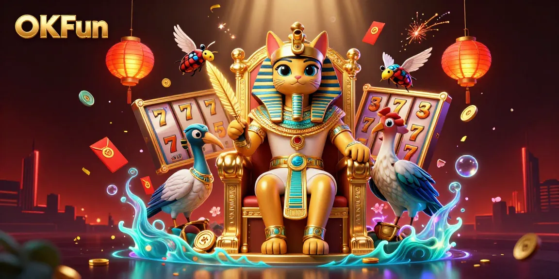 Engage in thrilling gaming with OKFun's spectacular casino scene featuring a pharaoh cat.