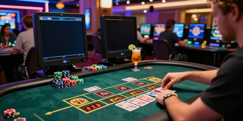 Experience the excitement of casinos not on gamstop with a player enjoying vibrant gaming tables and colorful chips.