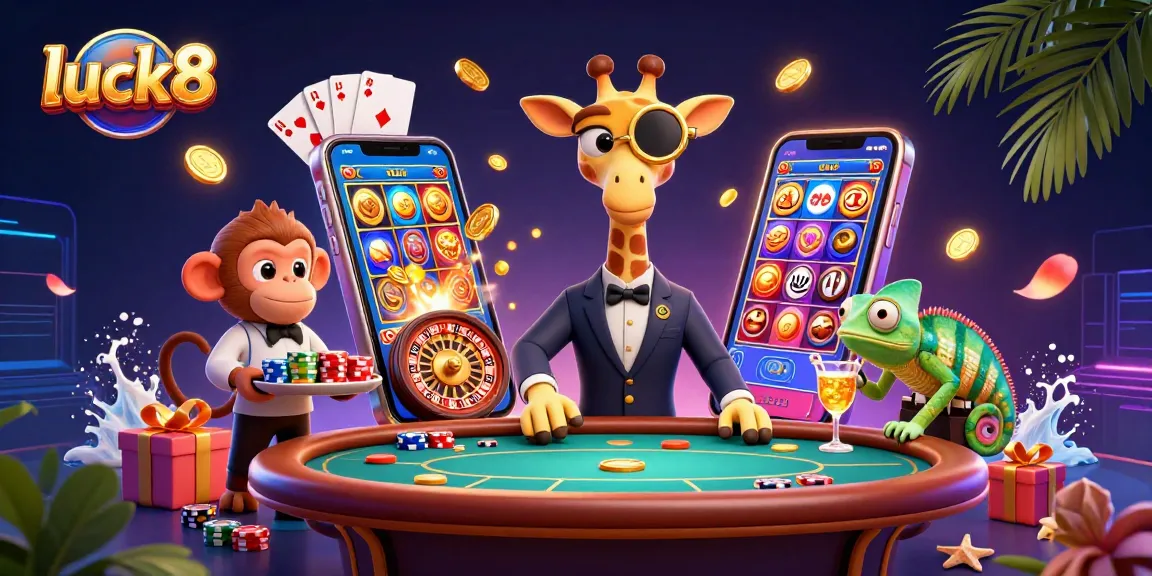 Experience a vibrant luck8 casino scene with a high-roller giraffe and exciting game elements.