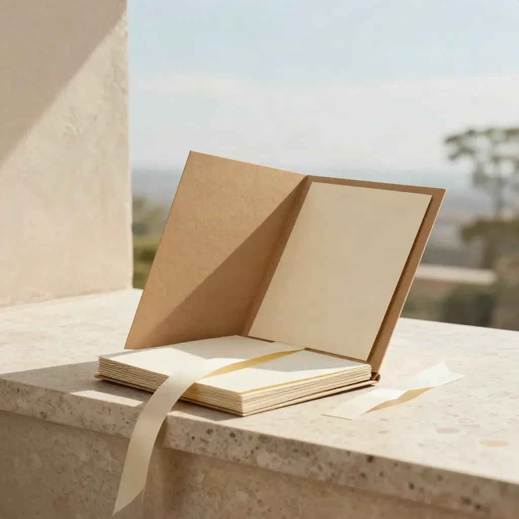 Open kraft launch pack on a bright terrace, yellow ribbon and blank cards in soft haze.