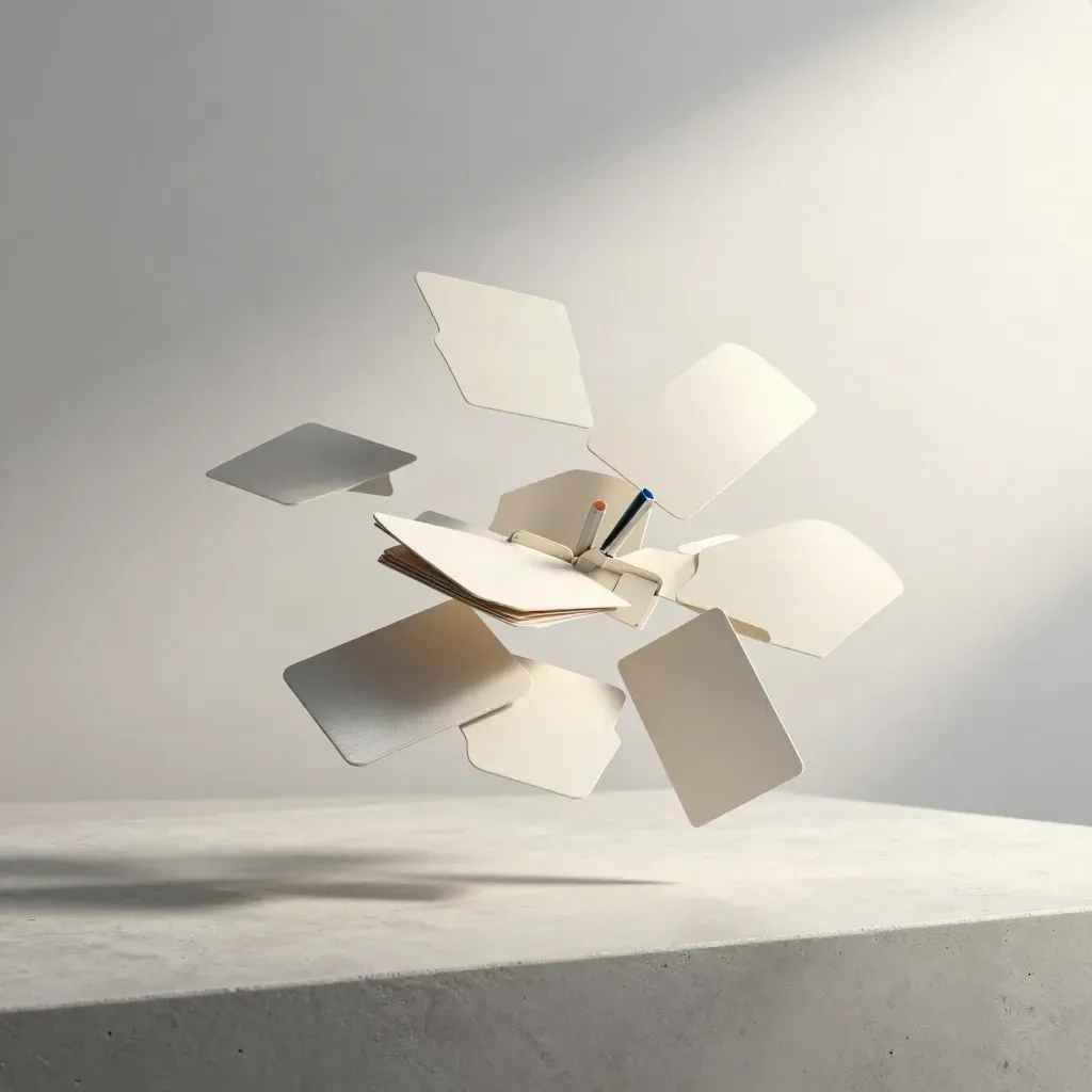 Floating startup positioning map cards with tray divider on pale concrete, softly lit.