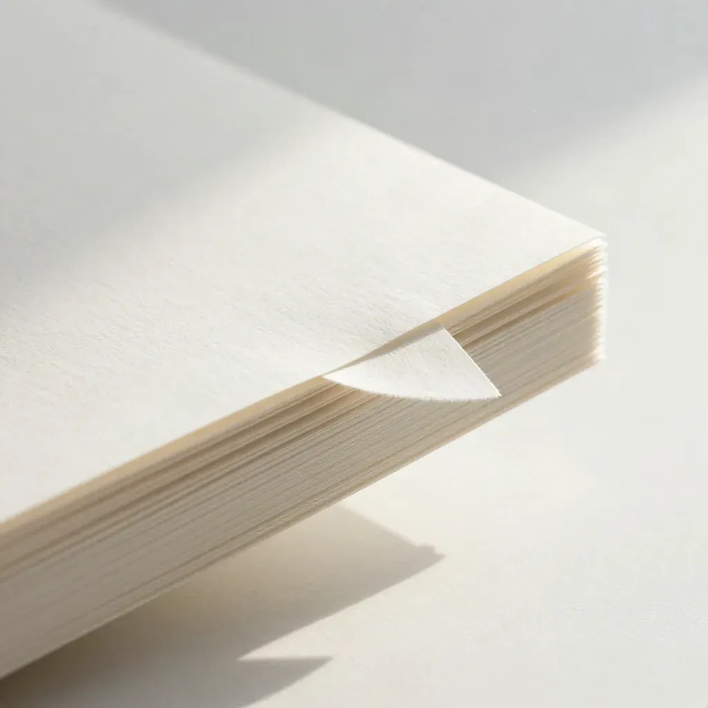 Extreme macro of pearl-white workshop cards with charcoal tabs and a folded sleeve in pale light.