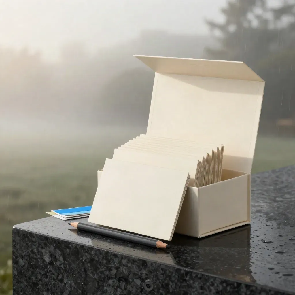Open brand naming kit on a wet stone plinth with cards fanned in dawn mist