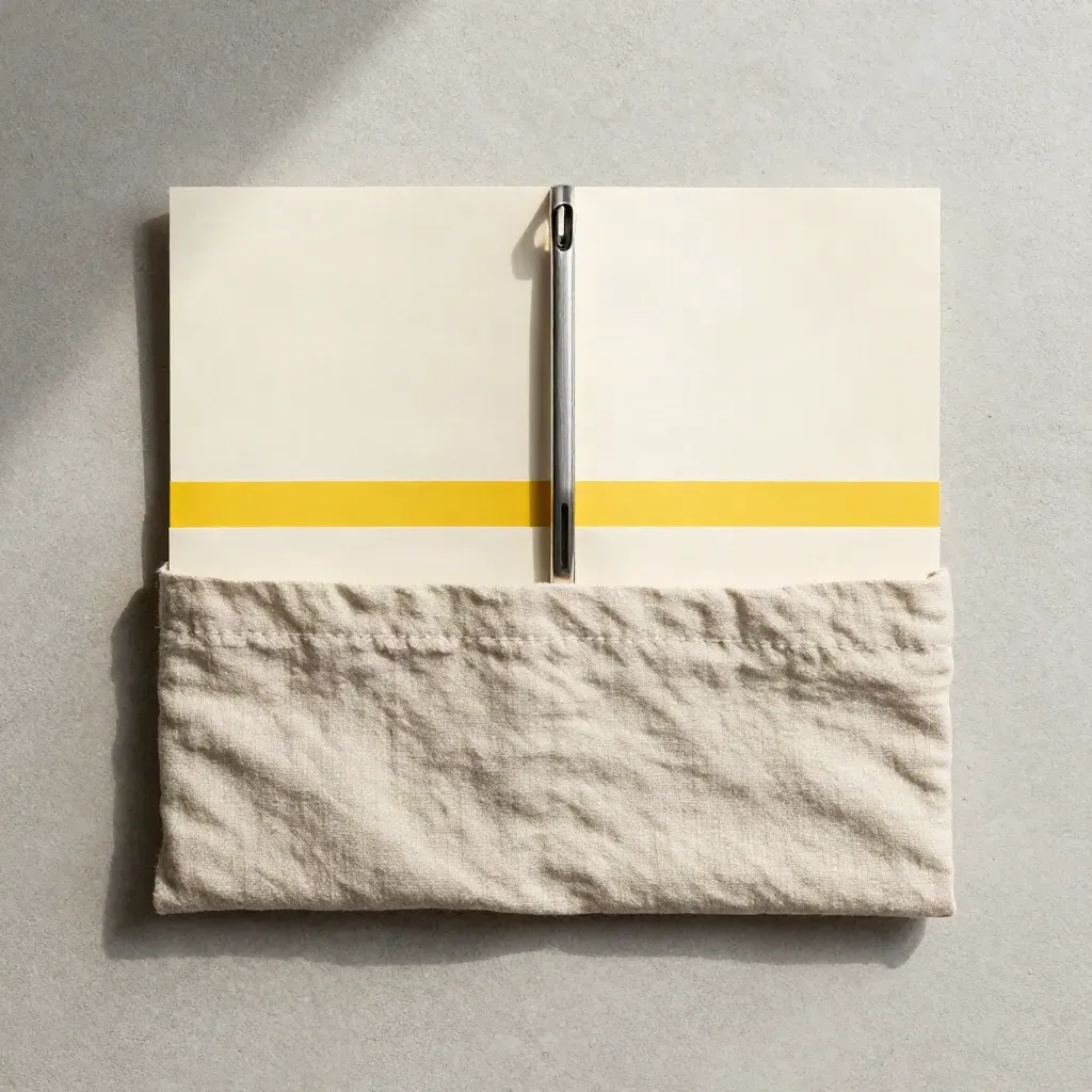 Overhead flatlay of a pitch deck kit in stone linen with yellow accent on pale concrete.