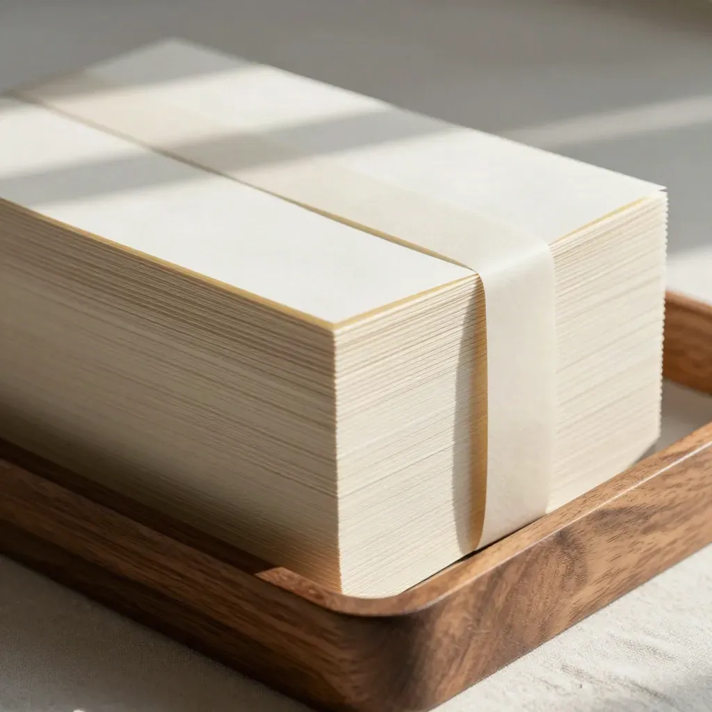 Layered paper strategy cards on walnut, with lifted dividers and soft studio light.