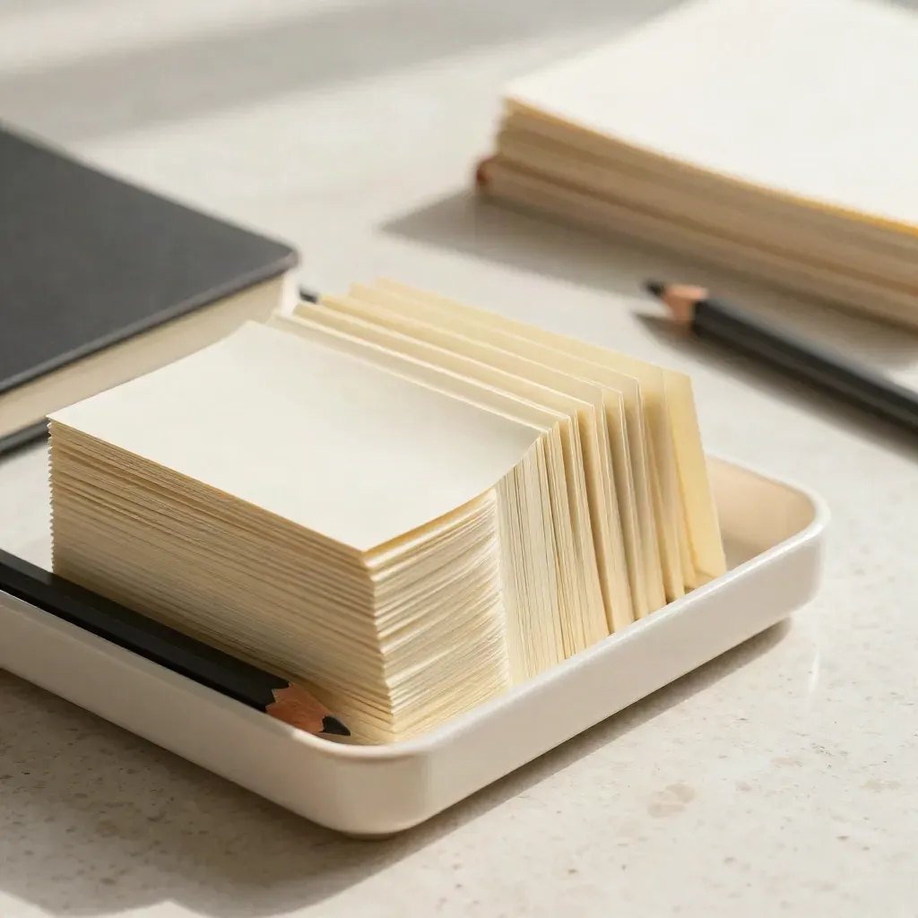 Cream tray of unmarked copywriting cards, dark notebook and pencil stubs on travertine.