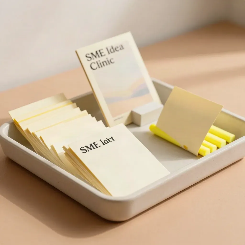 Pale tray with modular idea cards and yellow markers on a terracotta surface, viewed from above.