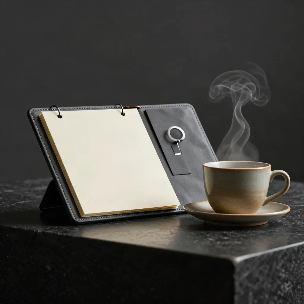 Charcoal case, steam cup and clipped card on matte-black plinth in moody studio light.