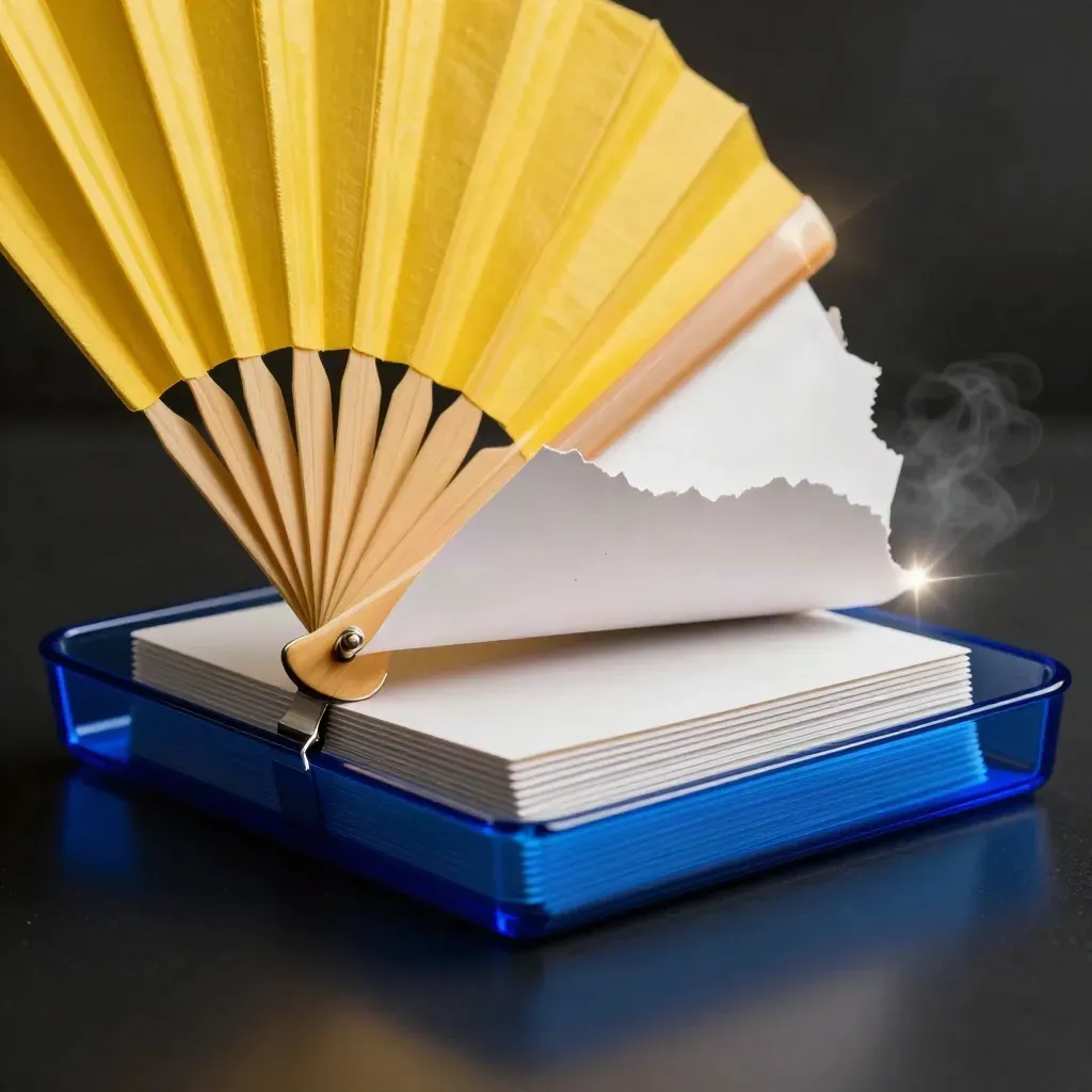 Blue acetate tray, yellow paper fan, white cards and charcoal clip on black studio surface.