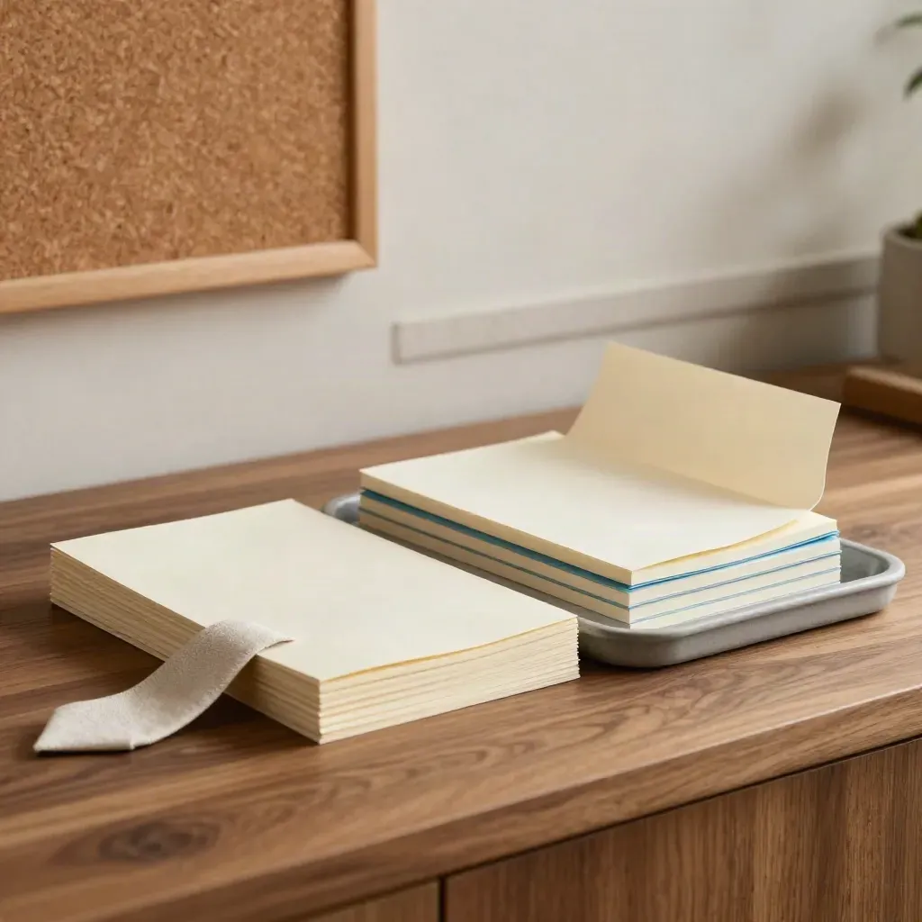 Half-Day Workshop kit with folded sheets, linen tie, and six note pads in a shallow tray.
