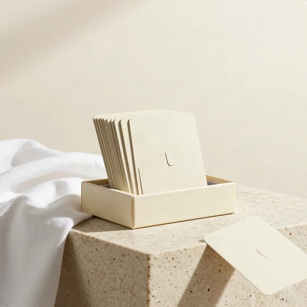 Cream naming kit box with fanned cards and open tab dividers on travertine, softly lit