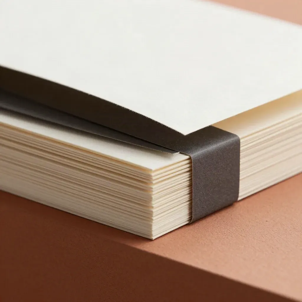 Macro of folded paper section cards with a charcoal band on a terracotta plaster ledge.