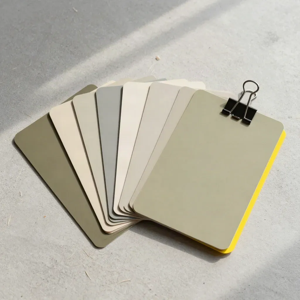 Overhead flatlay of fanned blank angle cards with a charcoal clip and yellow tab on pale concrete.