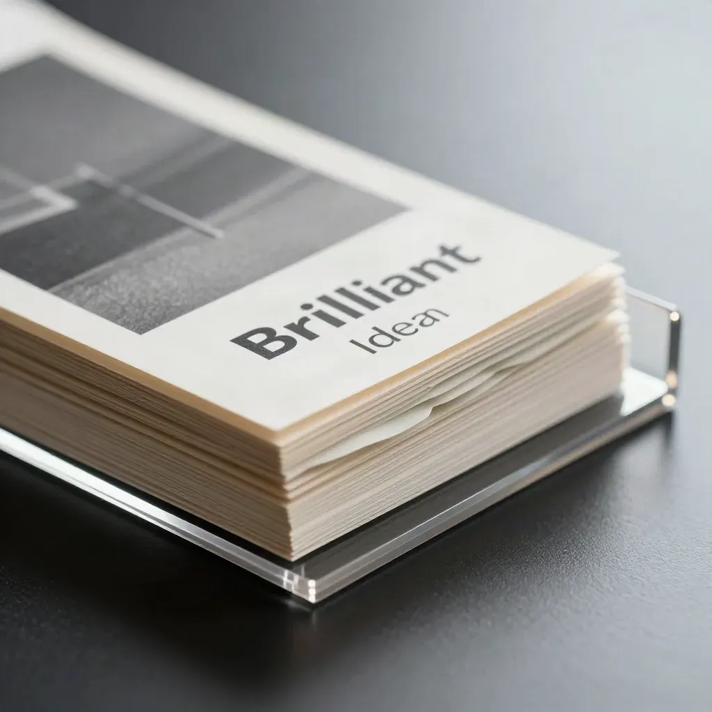 Macro of a clear acrylic pitch deck kit with stacked cards and dividers.