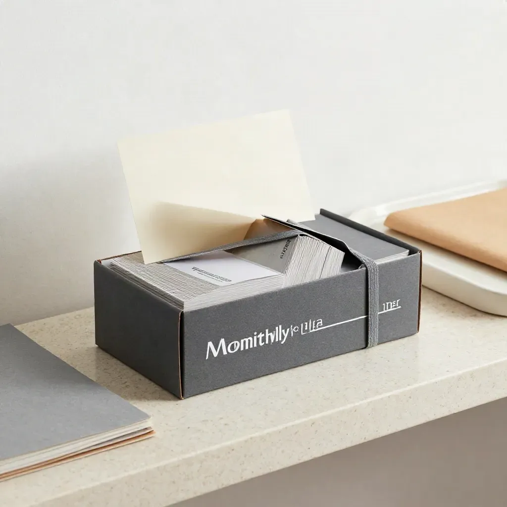 Charcoal retainer box with fanned refill cards and a loosened elastic band on a travertine shelf.