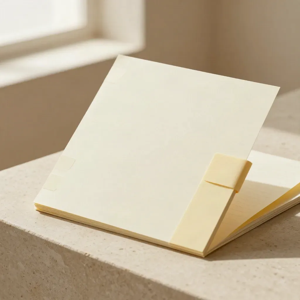 Positioning review sheets, pale tabs and a closed folder on a limestone studio plinth