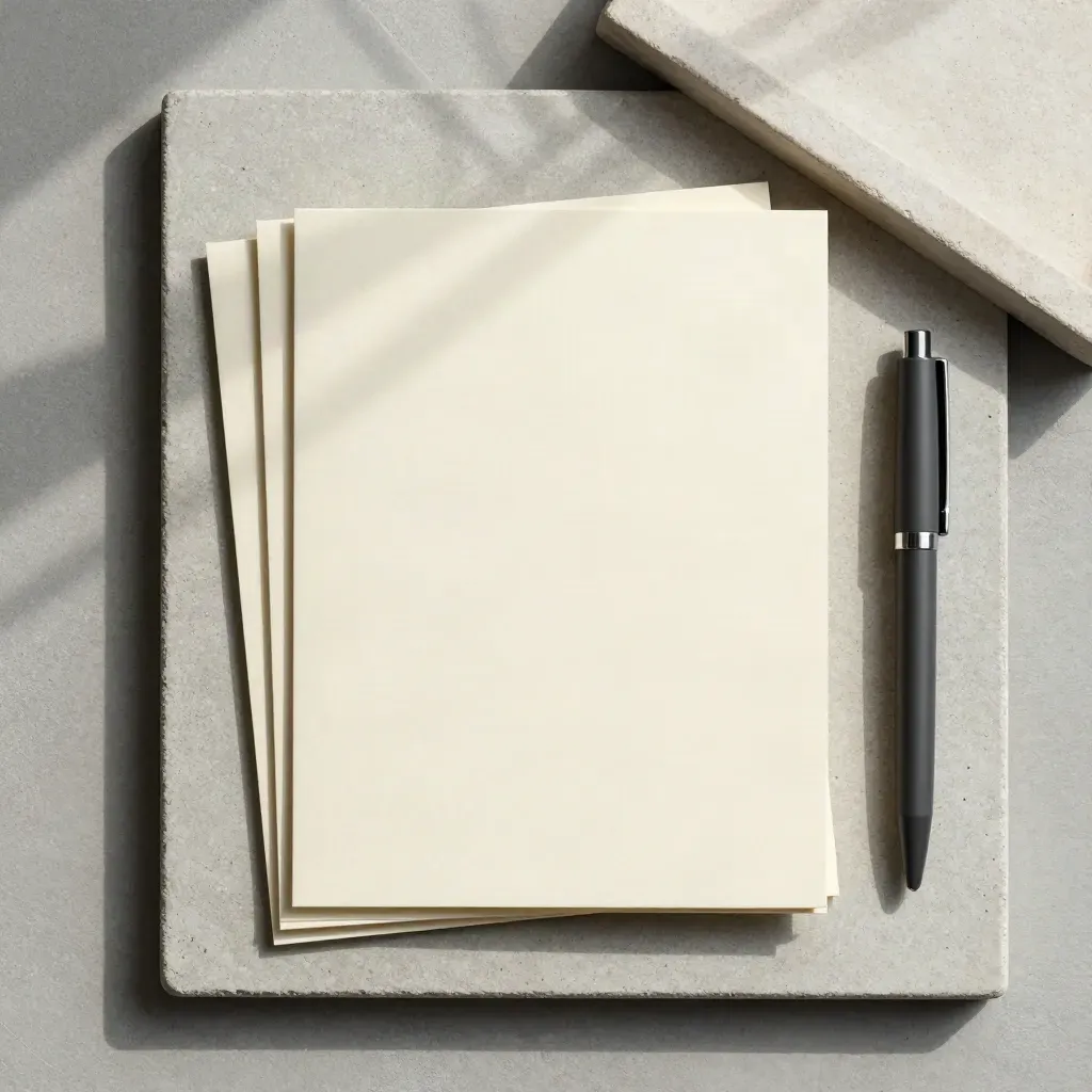 Overhead flatlay of cream copy cards, folded sheet and charcoal pen cap in a stone tray.