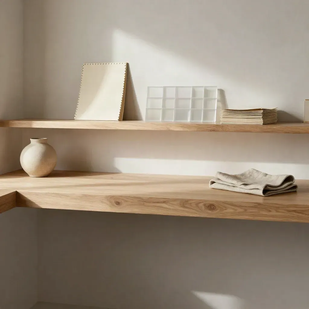 Warm oak studio nook with ceramic vessel, paper maquettes and soft daylight for naming ideas.