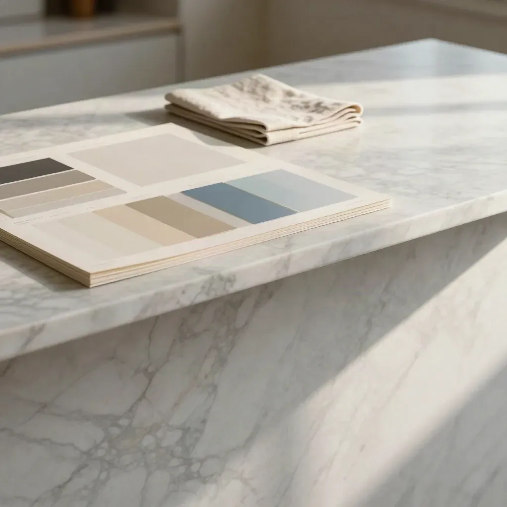 Sunlit marble counter with concept boards, linen, and a soft doorway edge.