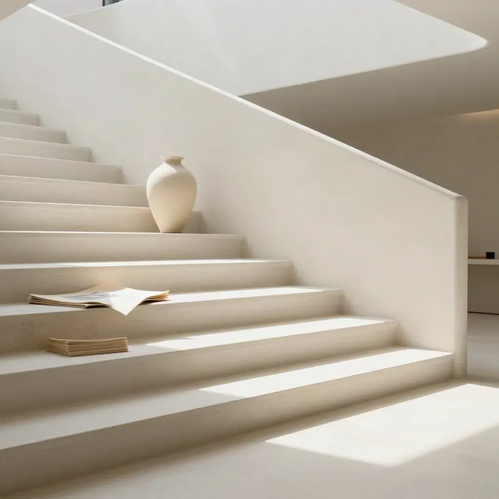Sunlit white stair landing with curved wall and slender vase, calm copy space below