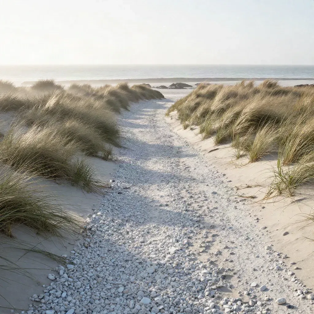 Chalky coastal path with dune grass and sea mist under soft evening light