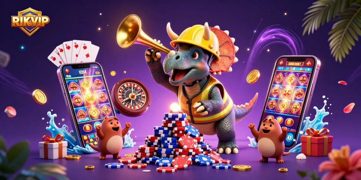 RIKVIP offers engaging casino experience with 3D characters building poker chips amidst exciting gaming elements.