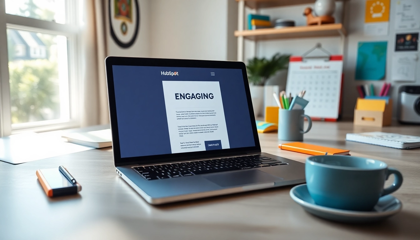 Create engaging content with a hubspot marketing email showcased on a laptop in a bright workspace.