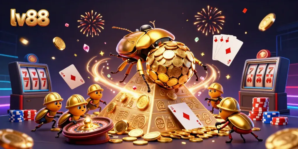 Experience thrilling action with lv88, featuring a golden dung beetle rolling a coin ball in a vibrant casino setting.