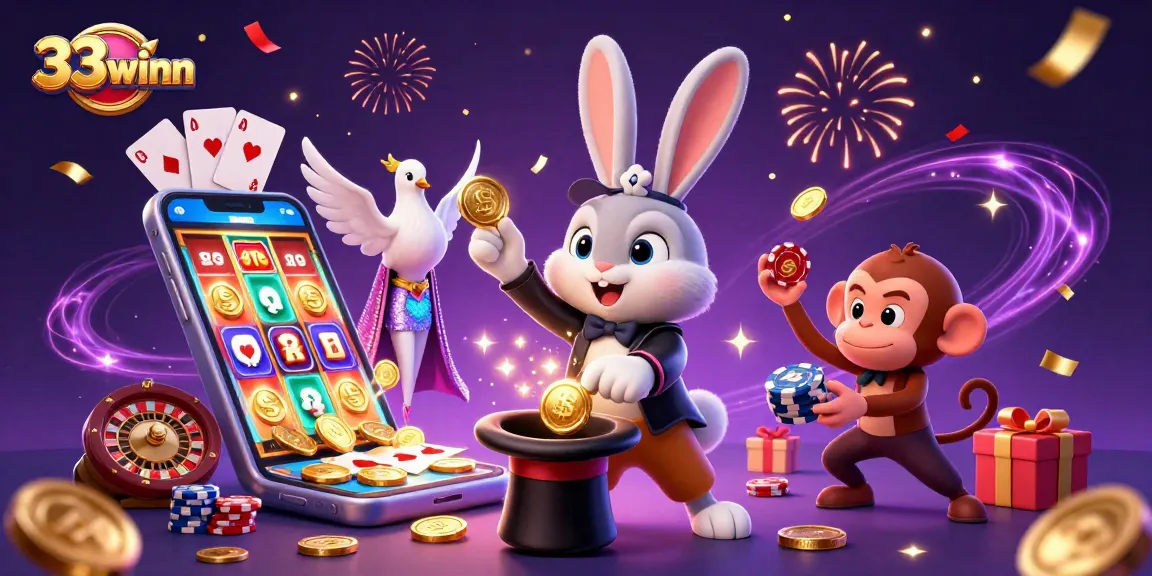 Experience the thrill of 33winn as a magician conjures coins amidst dazzling casino elements.