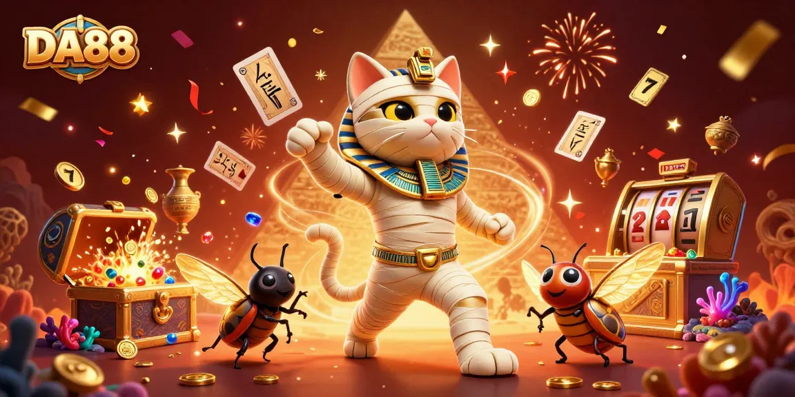 Experience the thrilling world of DA88 with a mummy cat and golden assets in a vibrant casino scene.