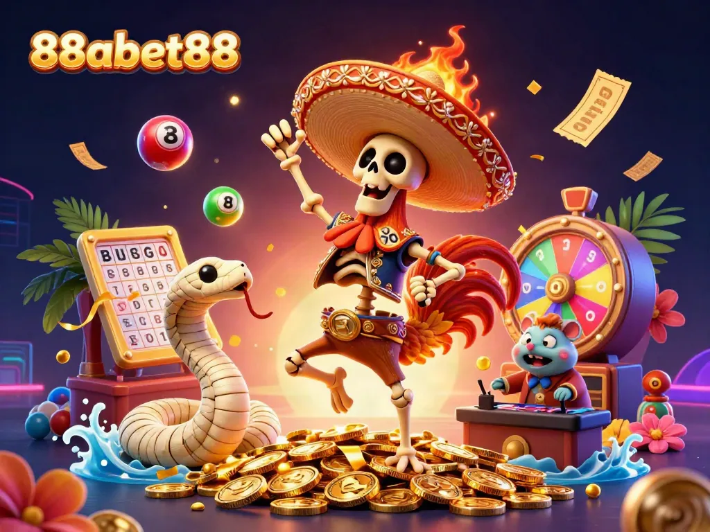 Experience exciting wins with 88abet88, featuring colorful elements and dynamic games in this lively casino illustration.