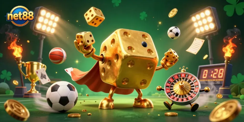 Engage in sports betting excitement with net88, featuring dynamic golden dice and vibrant casino elements.