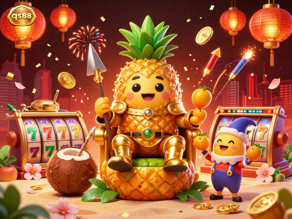 Experience the excitement of qs88 slots with a vibrant casino scene featuring a tropical king and festive elements.