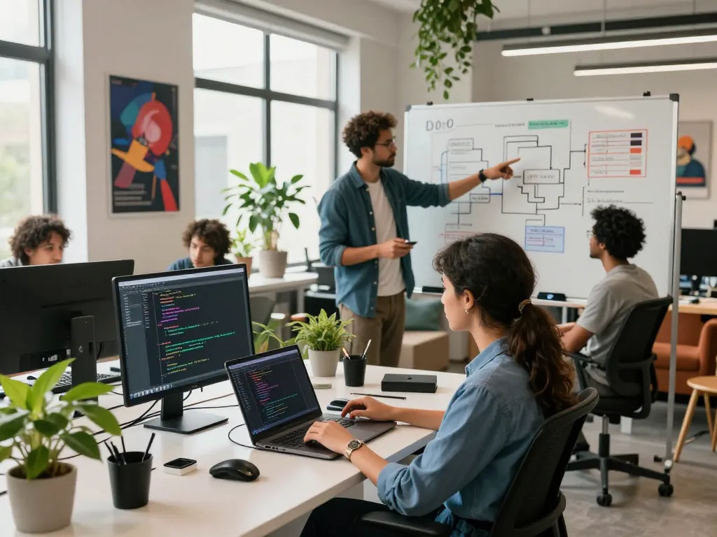 Sunwin team collaborating in a vibrant tech workspace, showcasing innovation and creativity.